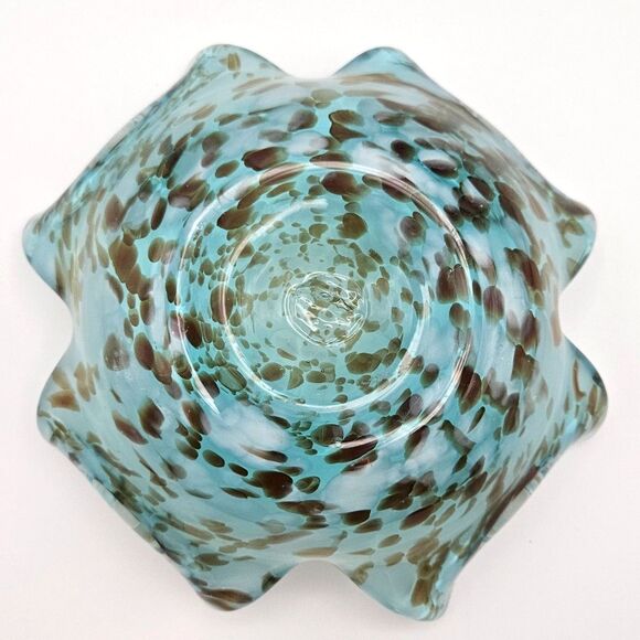 Art Glass Ruffle Bowl Dish Blue Aqua Brown Splatters Murano-like Star Fish - Picture 8 of 12